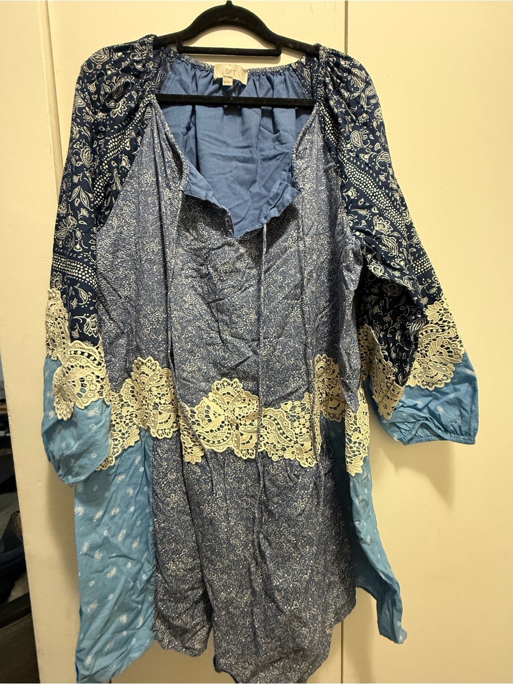 LOFT Blue Patchwork Lace-Trim Jacket